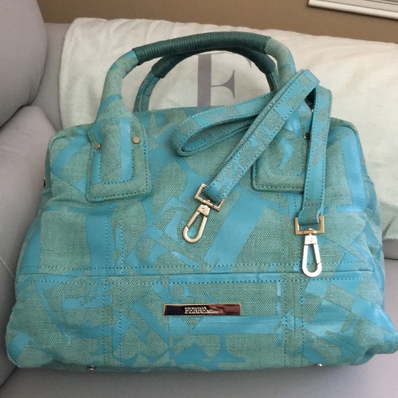 FERRE Milano light green/turquoise canvas 2-way bowling bag. NWOT - Picture 2 of 8